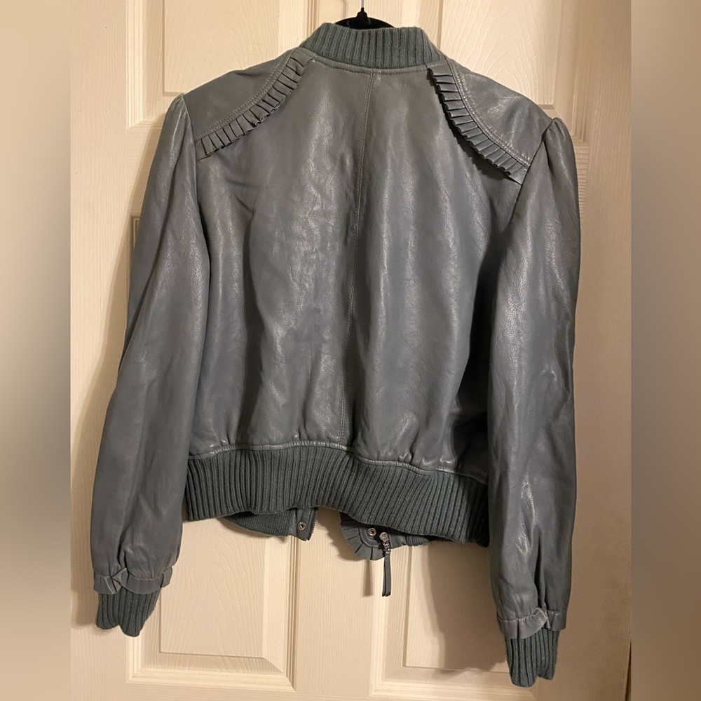 Juicy Couture Gray Leather Ruffle Moto Bomber Jacket - Picture 4 of 4